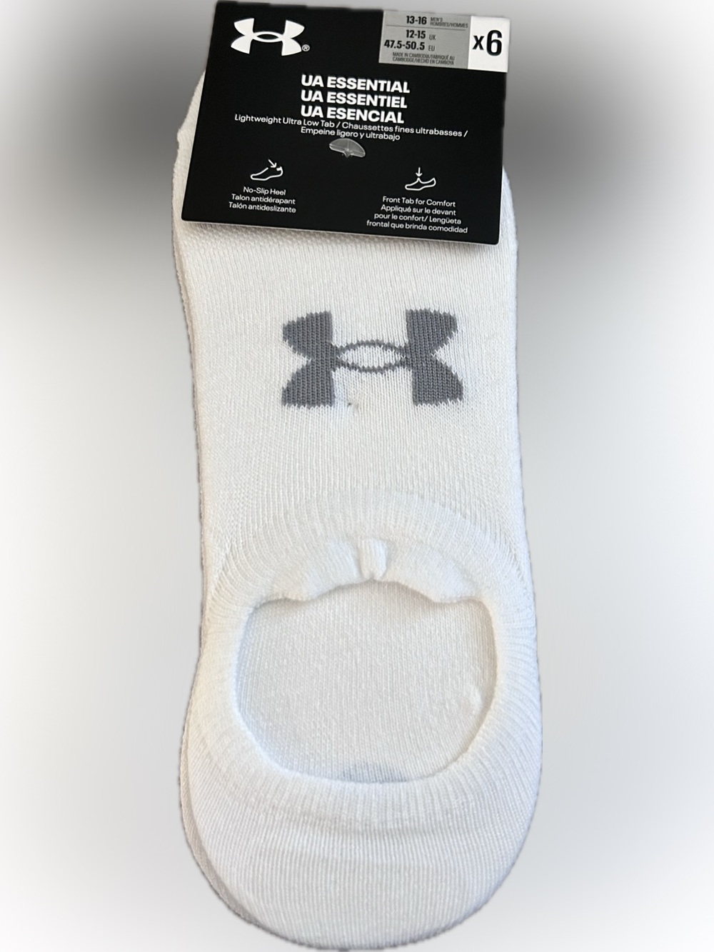 Under Armour Men’s Essential White No-Show Socks with Gray Logo - 6 Pair